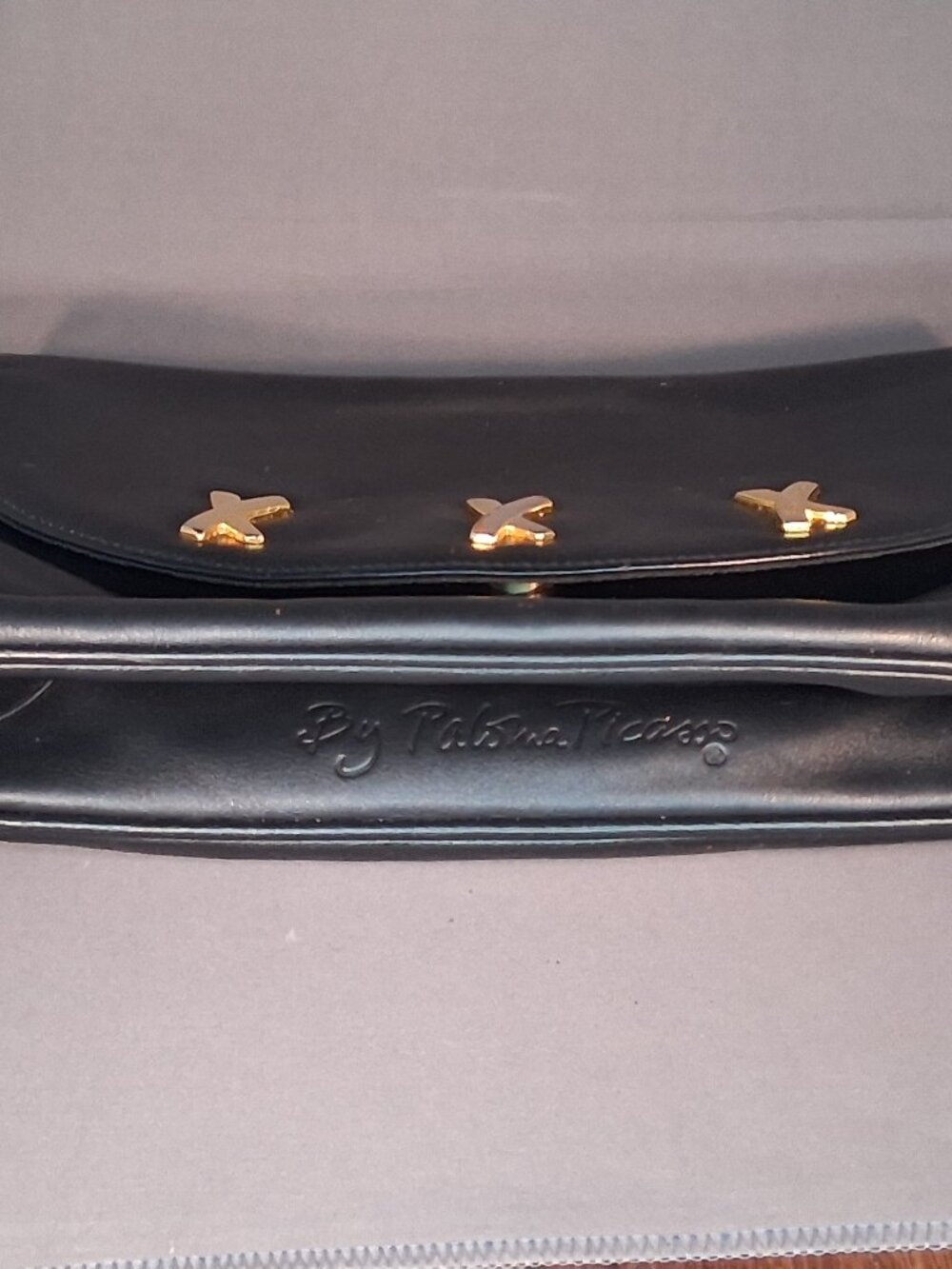 VTG Paloma Picasso Black Italian Leather Triple Gold X Convertible Shoulder Bag - Picture 5 of 14